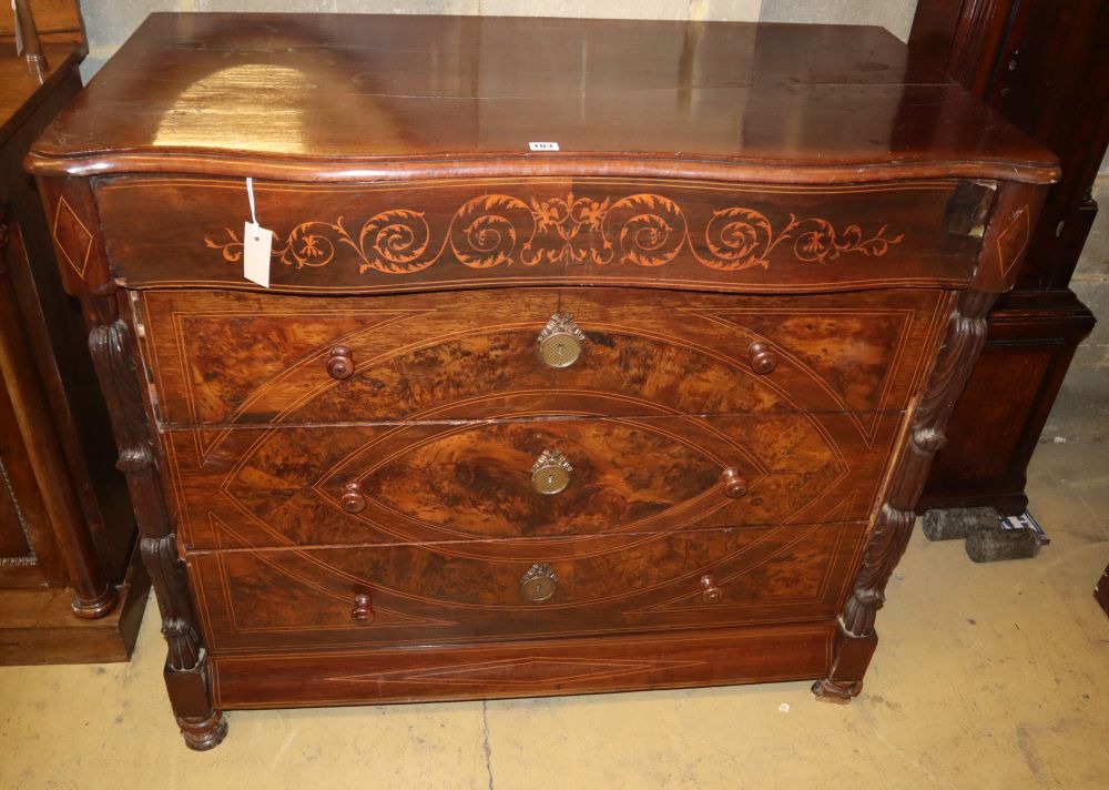 A 19th century French marquetry inlaid mahogany chest, W.115cm, D.58cm, H.100cm